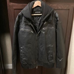 Men’s Guess Black pleather jacket with sewn in hoodie. XL